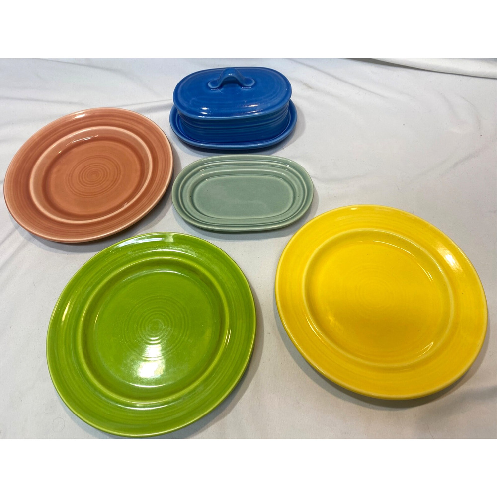 Vintage Metlox Colorstax Covered Butter Dish BLUE 3 Plates 8" Green Underplate